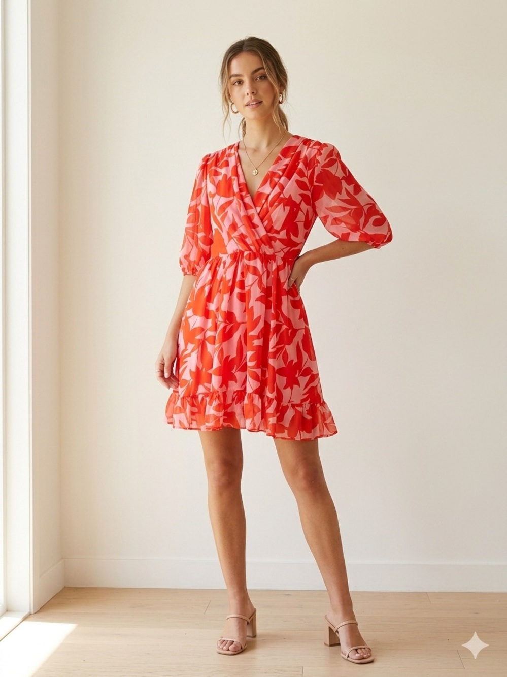Taylor Coral and Pink Floral Wrap Mini Dress
